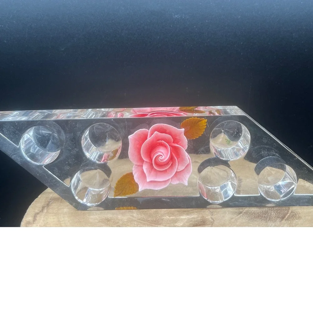 Vtg Reverse Carved lucite Lipstick Holder Pink Rose Mid Century Bath & Beauty‎